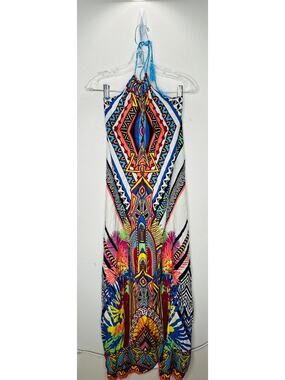 Sugarcloth White Blue Peach Multicolor Tribal Halter Maxi Dress